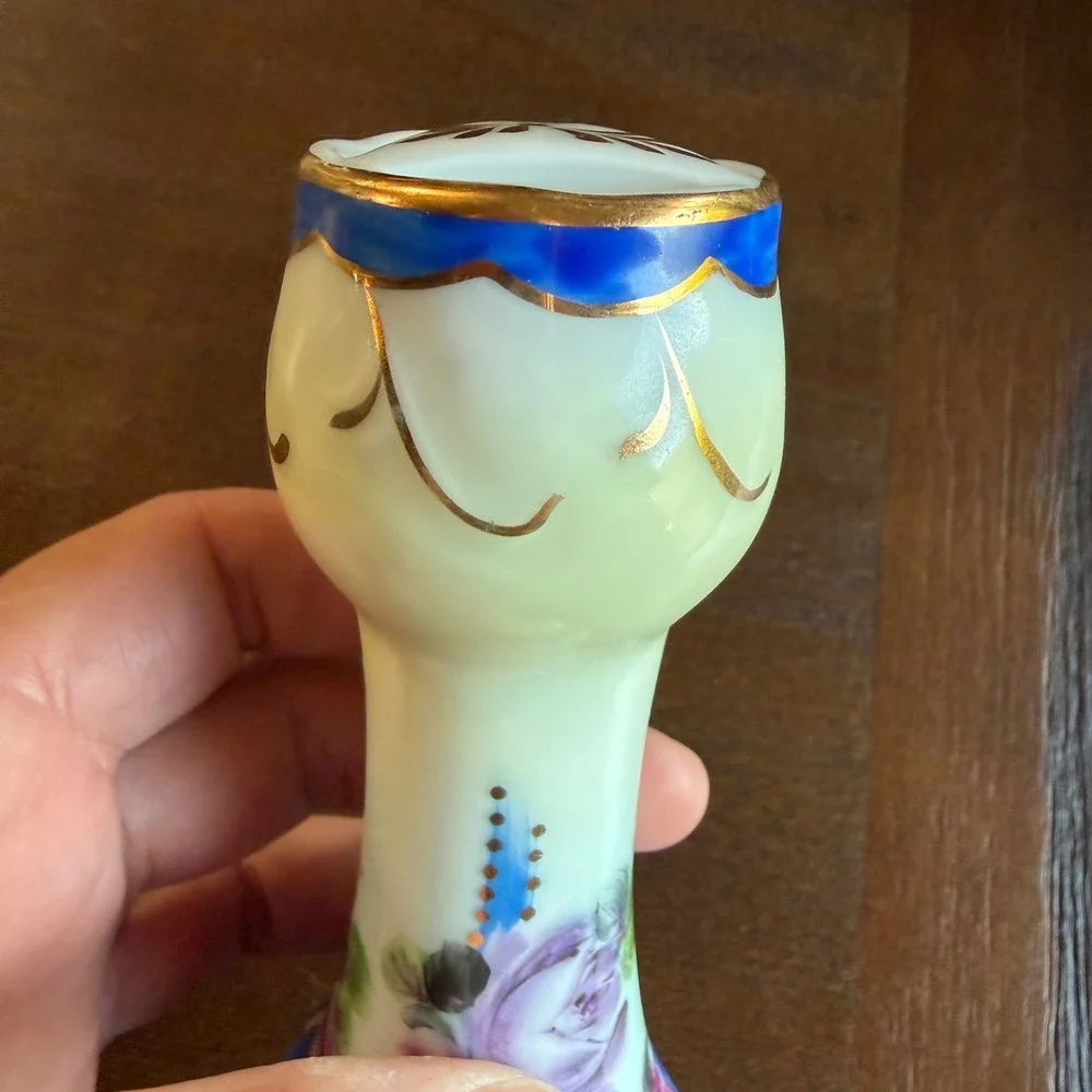 Vintage Hand Painted Nippon Floral Porcelain Hatpin Holder Cobalt Blue Gold Trim